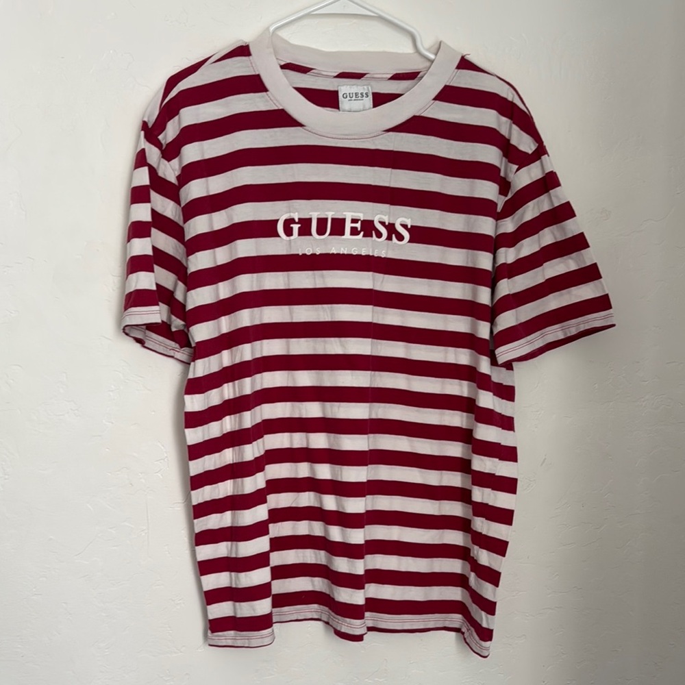 Guess Red and White Striped Short Sleeve Tee